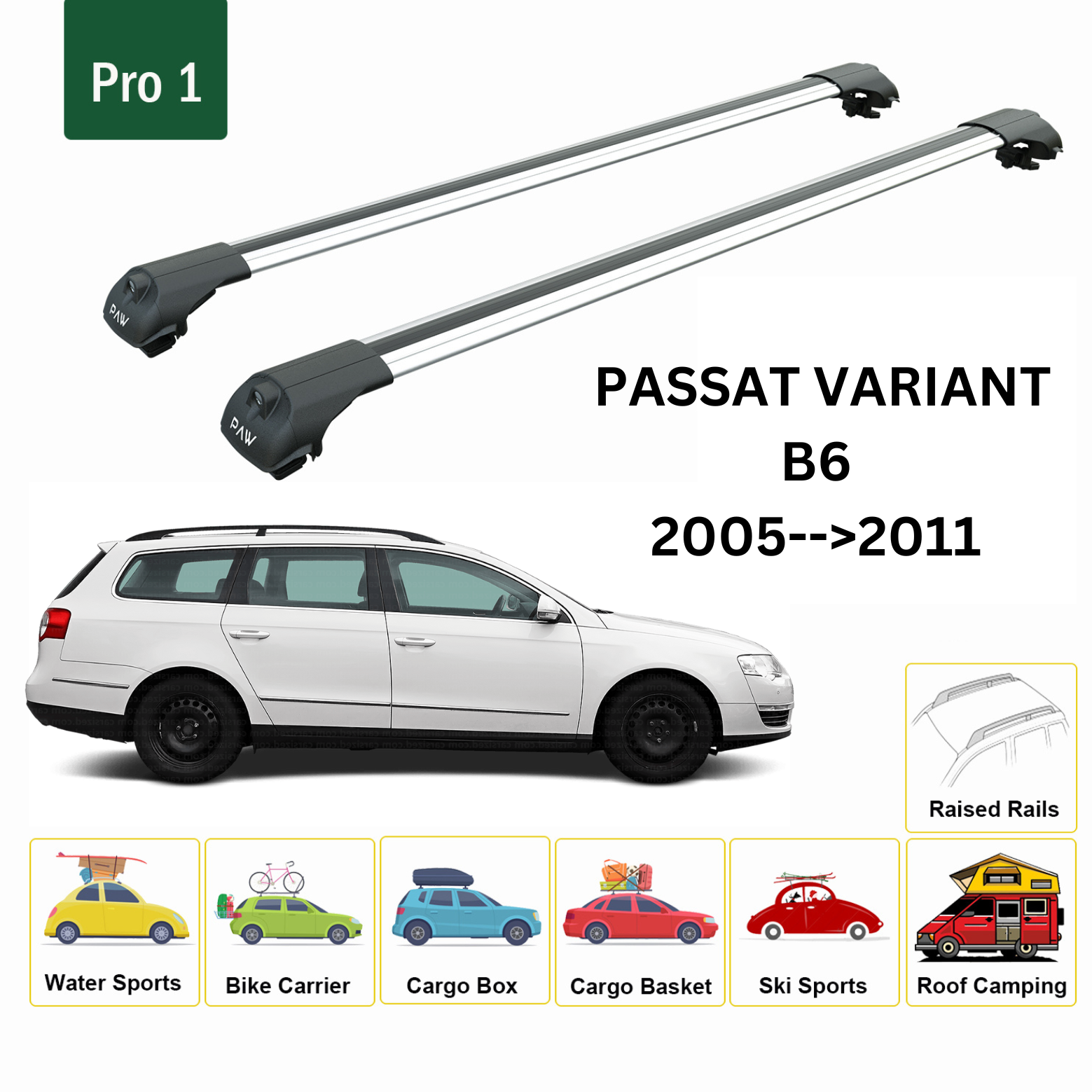 For Volkswagen Passat Variant B6 2005-11 Roof Rack Cross Bar Raised Rail Alu Silver For Volkswagen Passat Variant B6 2005-11 Roof Rack Cross Bar Raised Rail Alu Silver